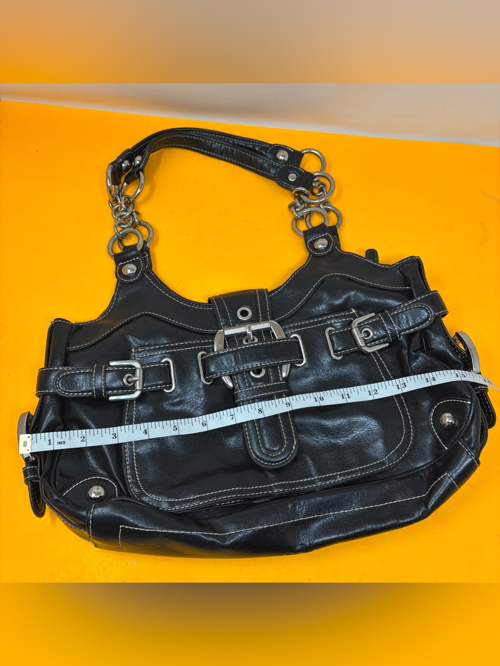 Black Leather Shoulder Bag with Buckle Detail y2k style Kathy van zeeland